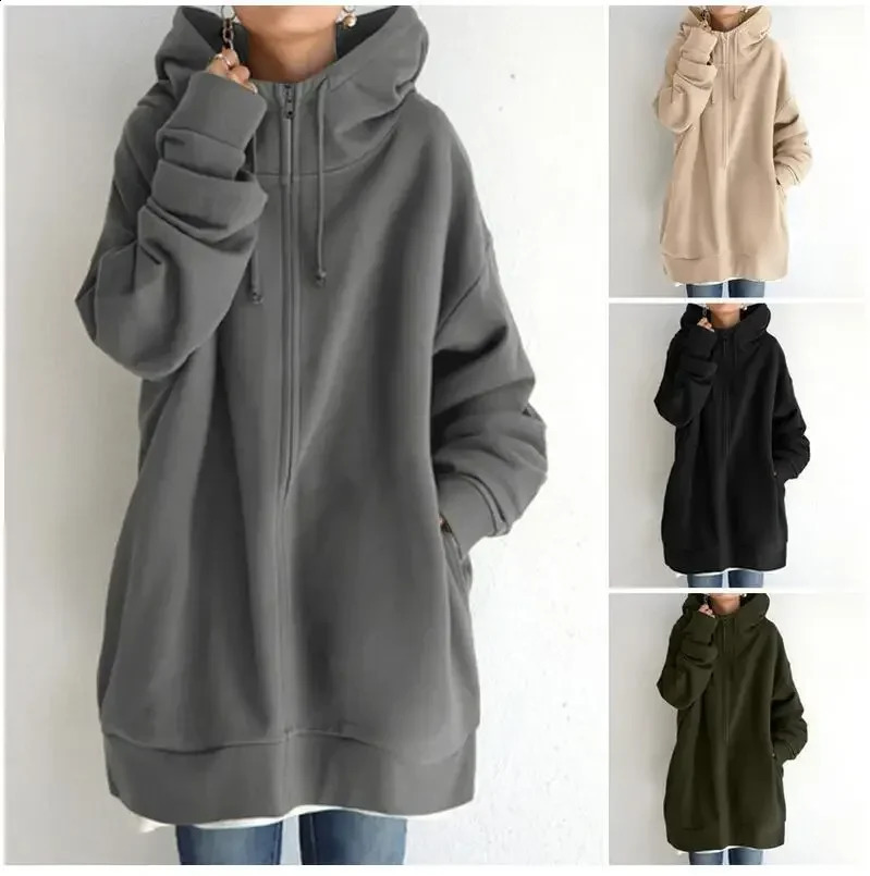 Monochrome Loose Long Sleeve Sweatshirts Korean Long Top Personalized Street Hoodie with Zipper and Hood Coats Women Clothing 250106