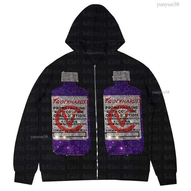 Autumn Y2K Rhinestone Graphics Zip Up Oversized Sweatshirt Goth Hoodie Men Women Grunge Hooded Jacket Streetwear Letter Clothing 240202