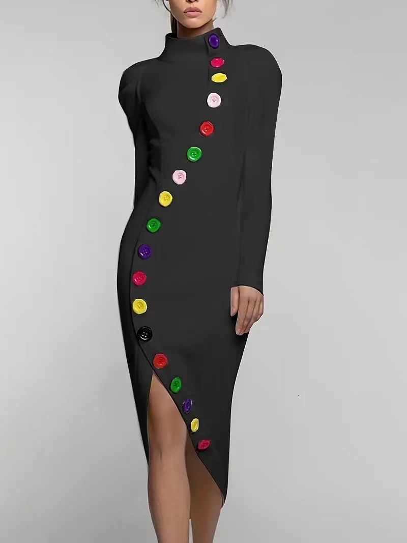 Freeacy 2025Fall Women's High Neck Puff Sleeves Colorful Buttoned Slim Fit Dress Stylish Middle Length Evening Dresses