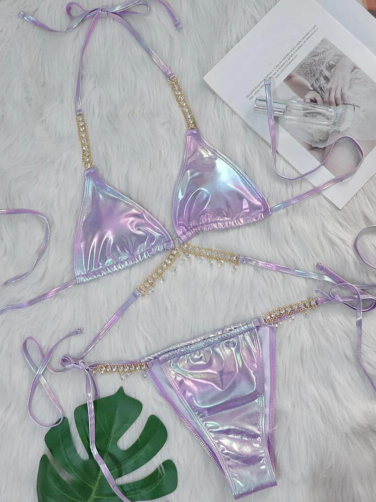 OIINAA Womens Swimsuit Sexy Solid Flash Bikini Set Diamond Strap Beach Wear Wrap Swimsuit Summer Lace Bikini 250110