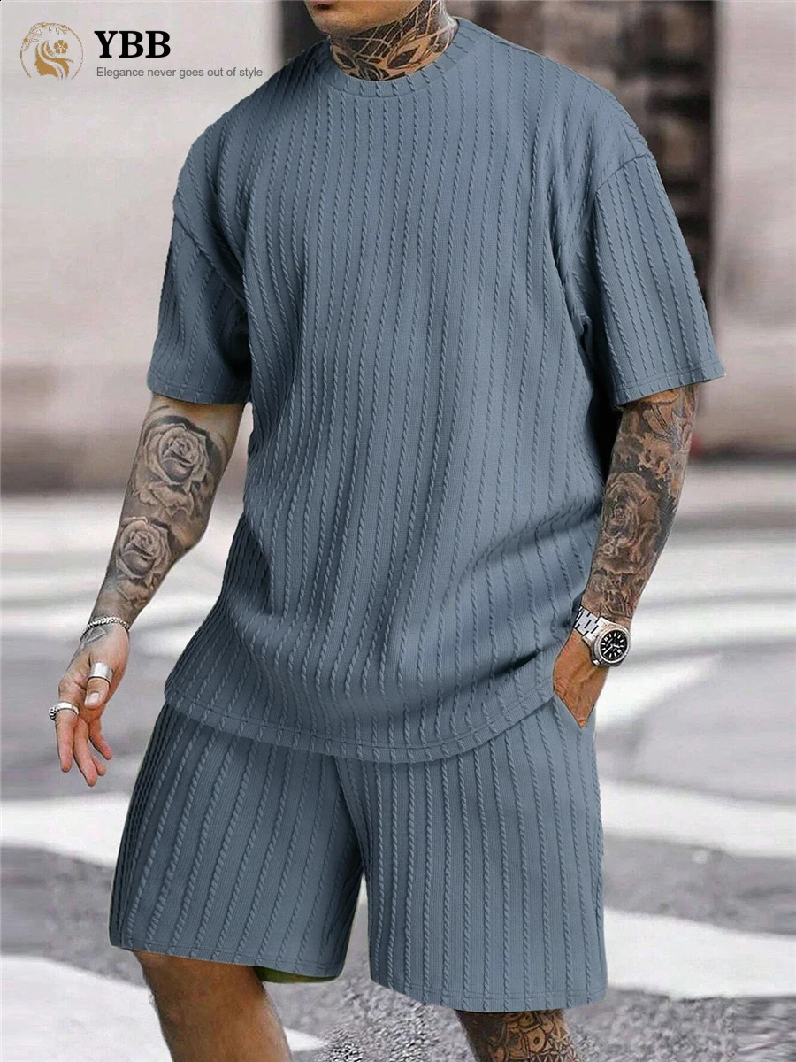 Mens Two Piece Suits Fashion Solid Stripe Shortsleeve Tshirts Shorts Men Spring Summer Clothing Casual Gym Sets Streetwear y250110