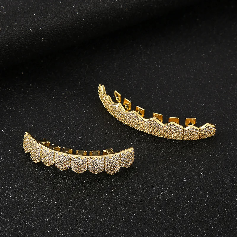 Gold Silver Longer Shape Iced Out Teeth Hip Hop 8/8 Top Bottom Grills Dental Mouth Punk Teeth Caps Cosplay Party 250107