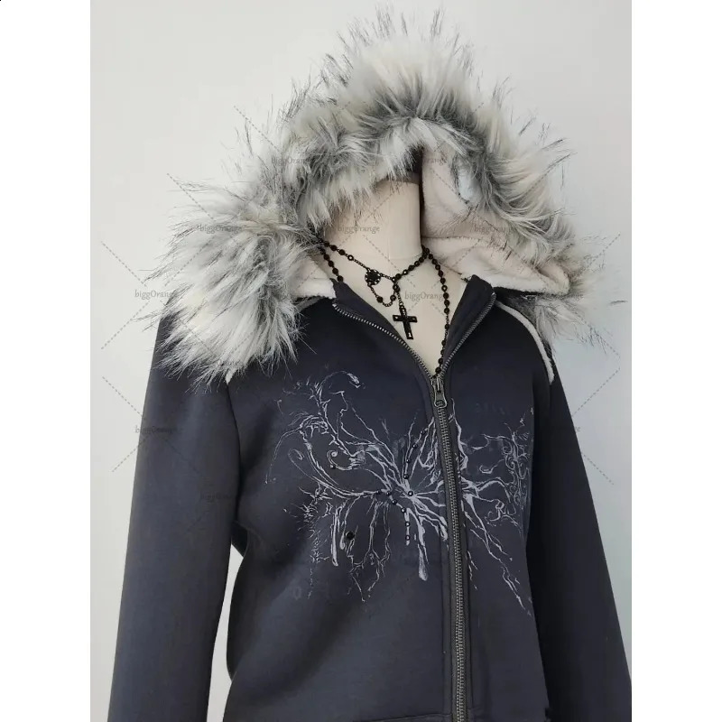 American Gothic geometric pattern fur collar high quality zipper hoodie women Y2K grunge clothing sexy nightclub slim sweatshirt 250106