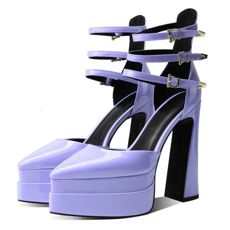 Pointed Head Shallow Mouth Fashion Sexy Increase Thick Heel Patent Leather Rivet Large Party Single Shoe Female