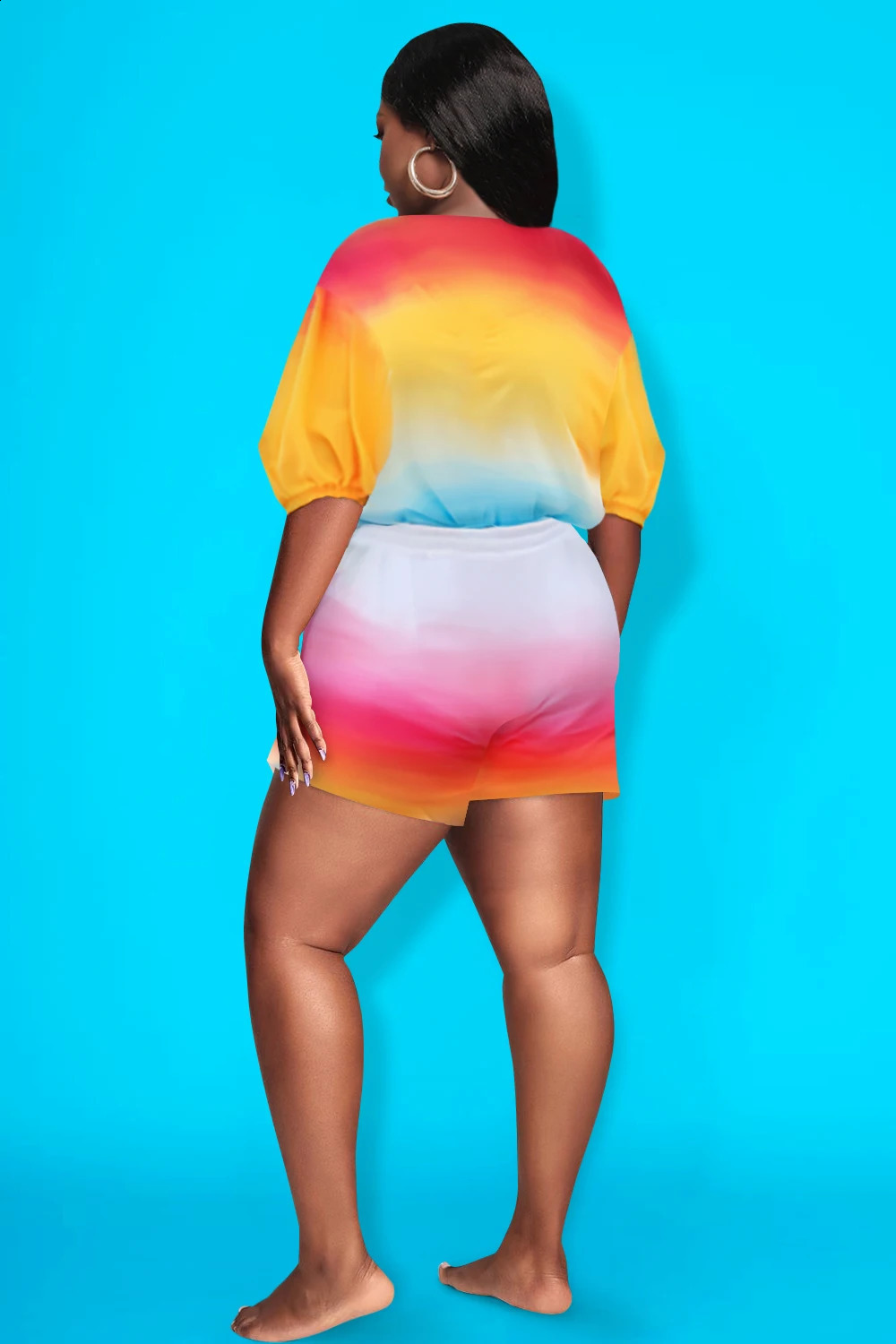 Plus Size Beach Casual Multicolor Gradient V Neck Lantern Sleeve Half Button Pocket Two Piece Short Sets 250106