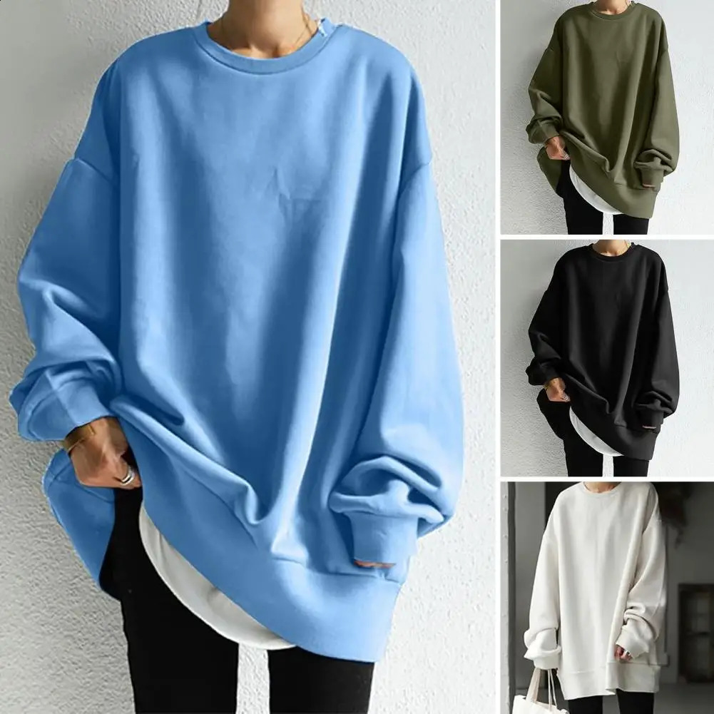 Women Sweatshirt Oversize Long Sleeves Crew Neck Solid Color Pullover Warm Soft Long Style Autumn Sweatshirt Female Clothes 250106