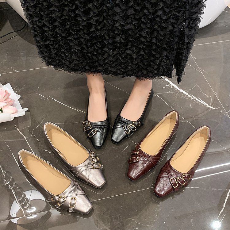 Women Casual Shoes Flat Bottom New Fashion Versatile 2025 Spring Korean Version Square Toe Triple Black Silver Burgundy Free shipping