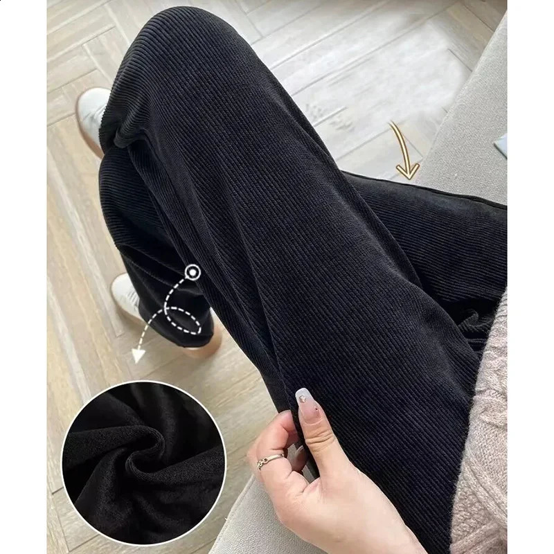 Women Winter Chic Snow Warm Daily High Waisted Long Pants Lady Basic Baggy Straight Leg Wide Plush Thermal Trousers 250106