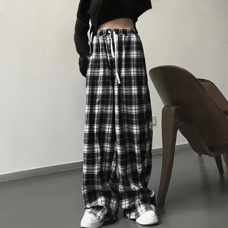2024 Thin Women Korean Version of High-waisted Wide-leg Pants Casual Straight Hit Color Plaid Elastic Waist Dragging Pants
