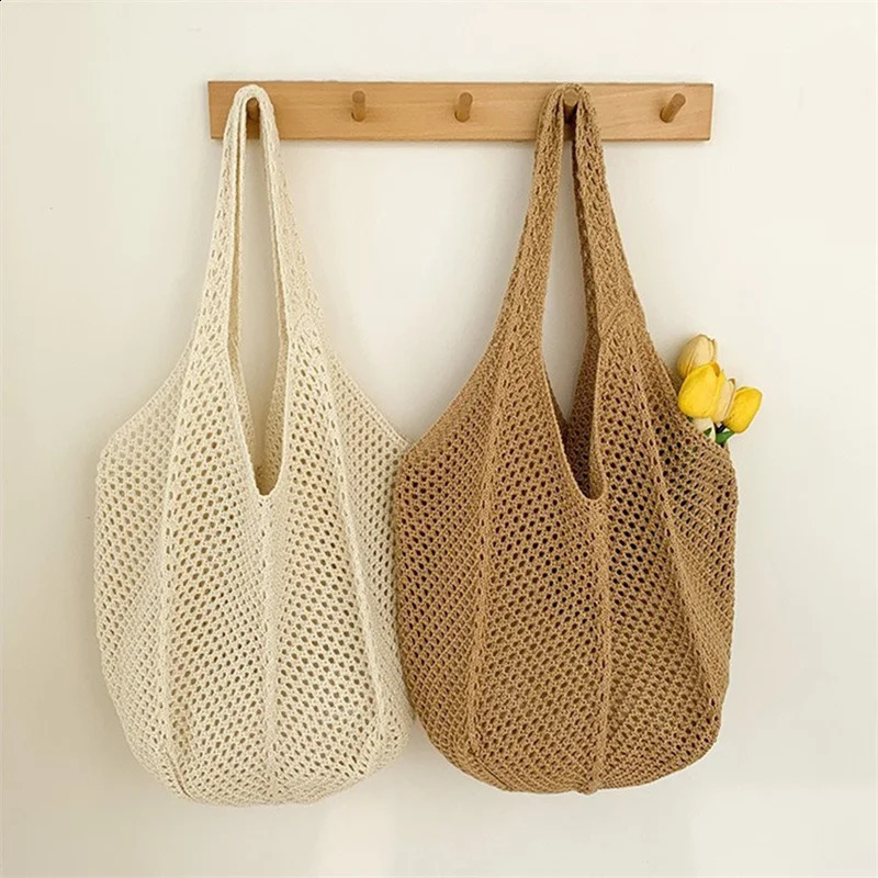 Women Crochet Tote Bag Fashion Hollow Out Knitted Large Capacity Handbag Female Summer Beach Solid Color Woven Shoulder 250107