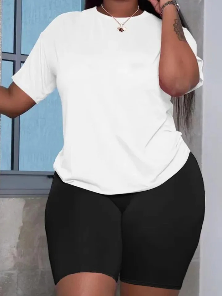 LW Plus Size Summer Womens Suit Short Sleeve Top and Pants Twopiece set Casual women sportswear Slim y250122