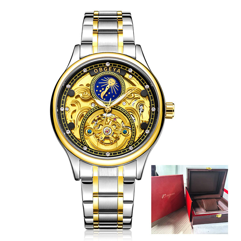 Men's Waterproof Skeleton Tourbillon Watch with Moon Phase and Automatic Movement