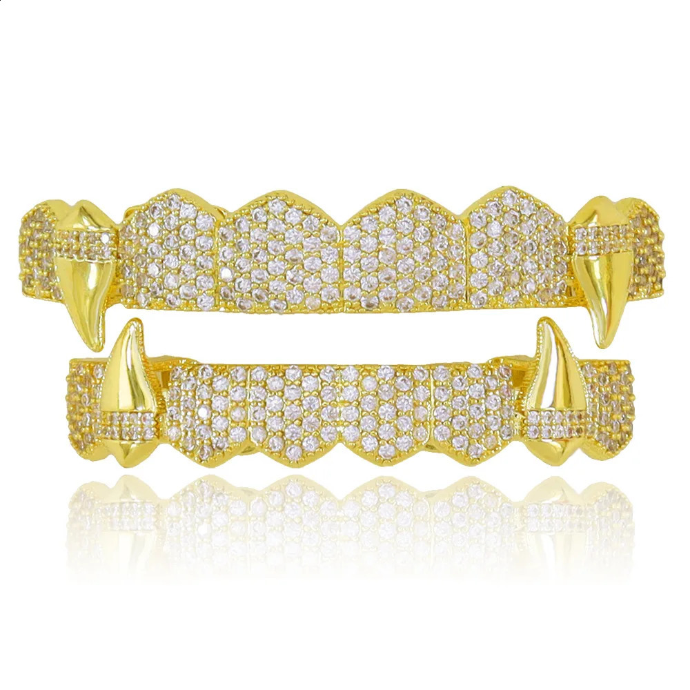 Iced Out CZ Stones Teeth Caps Cubic Zircon Micro Pave Top Bottom Charm Grills Set For Men Women Hip Hop Jewelry Gift 250107