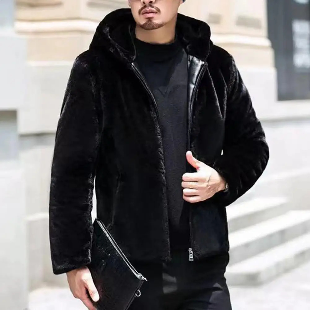 Winter Men Hooded Coat Solid Color Long Sleeve Mink Fur Jacket Zipper Placket Thick Fleece Male With Pockets 250107