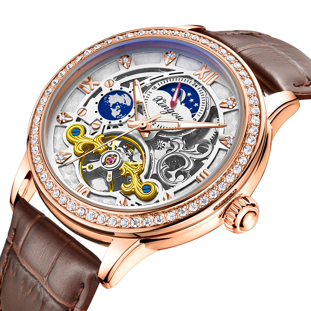 Luxury Skeleton Tourbillon Automatic Mechanical Watch with Moon Phase and Waterproof Leather Strap for Men