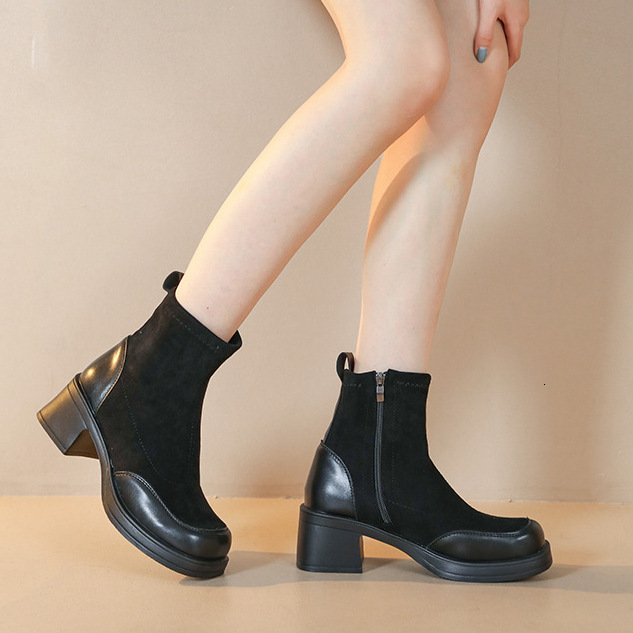 French High-Heeled Martin Women's Short 2024 Autumn And Winter New Korean Style Ankle Sole Thick Heel Elastic Slim Boots