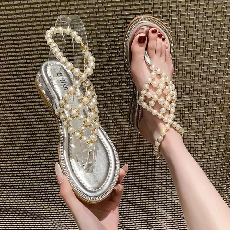 Beaded Clip Toe Women Sandals Beach Flip Ps Shoes Summer Dress Slippers Designer 2024 New Casual Mid Heels Pumps Mujer Slides