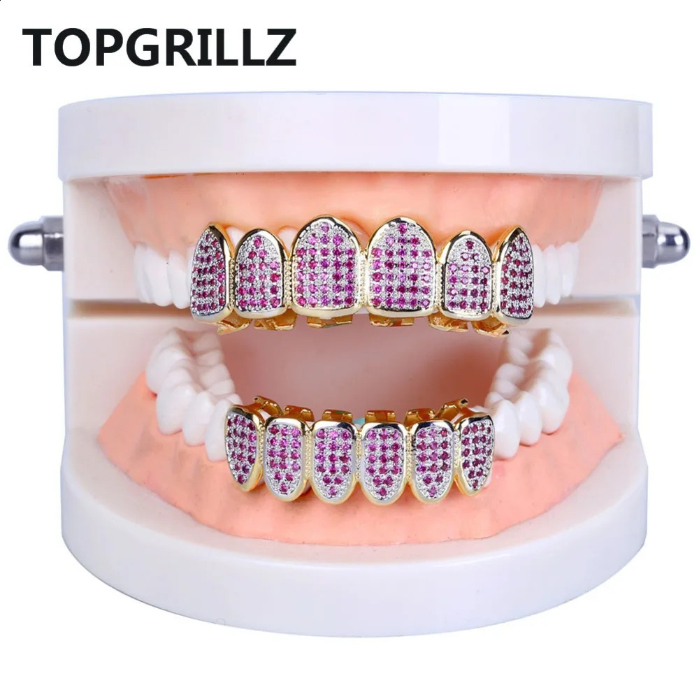 Fit Hip Hop Gold Teeth Caps Micro Pave Fuchsia Cubic Zirconia Top Bottom Grills Set for Christmas Gift Women 250107