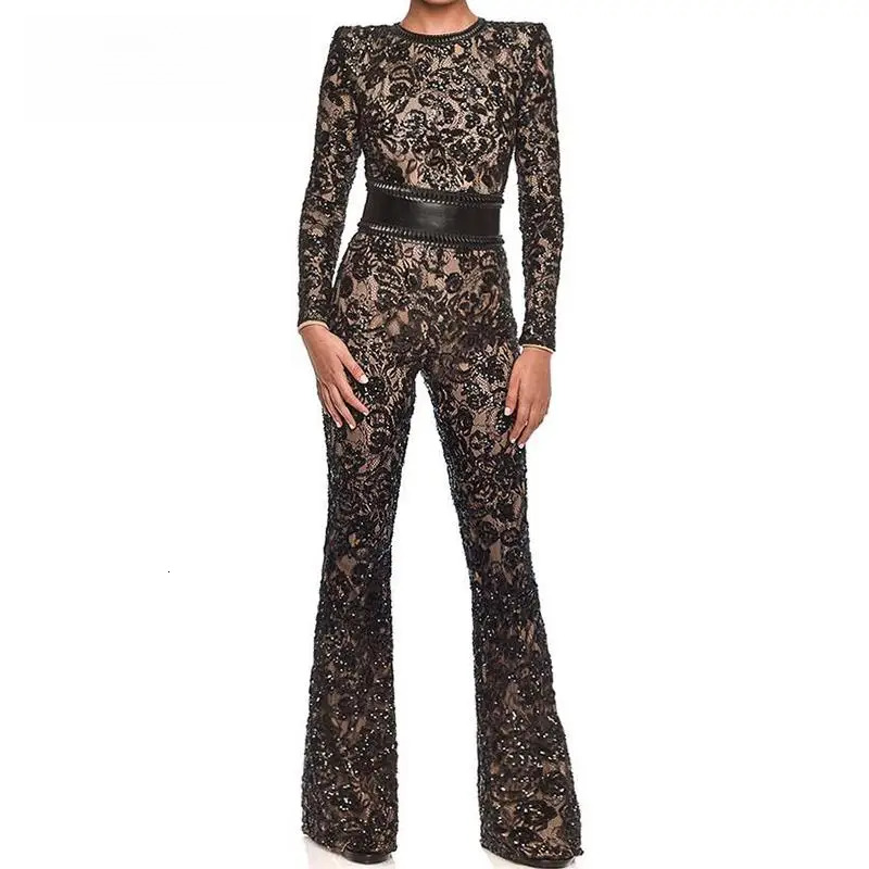 Elegant Retro Sleeve Lady Embroidery Jumpsuit Fashion Lace Long Romper For Women 2025 Autumn High Waist O- Neck Overall