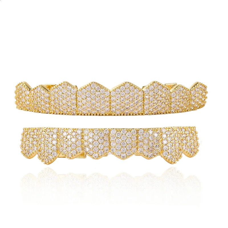 Gold Silver Longer Shape Iced Out Teeth Hip Hop 8/8 Top Bottom Grills Dental Mouth Punk Teeth Caps Cosplay Party 250107