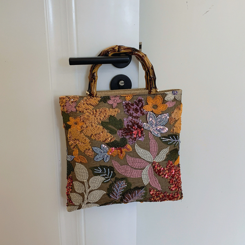 New Linen Bamboo Knot Handbag 2025 New Embroidered Sequins Women's Designer Handbag Hand-held Dinner Bag