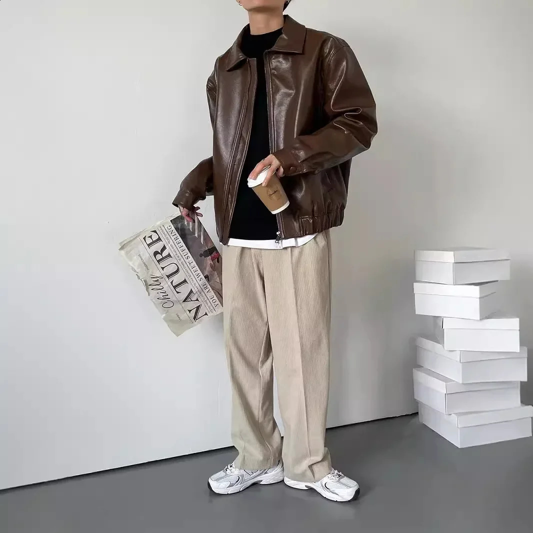 Elegant Vintage Motorcycle Puleather Jacket For Men Trendy Korean Style Cropped Leather Jacket Casual Loose Fit Fall Winter 250109