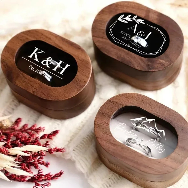 1PCS Free Engraved Oval Ring Wooden Box Personalized Double Slot Ring Bearer Proposal Holder Box For Wedding Bridal Gift For Her 250106
