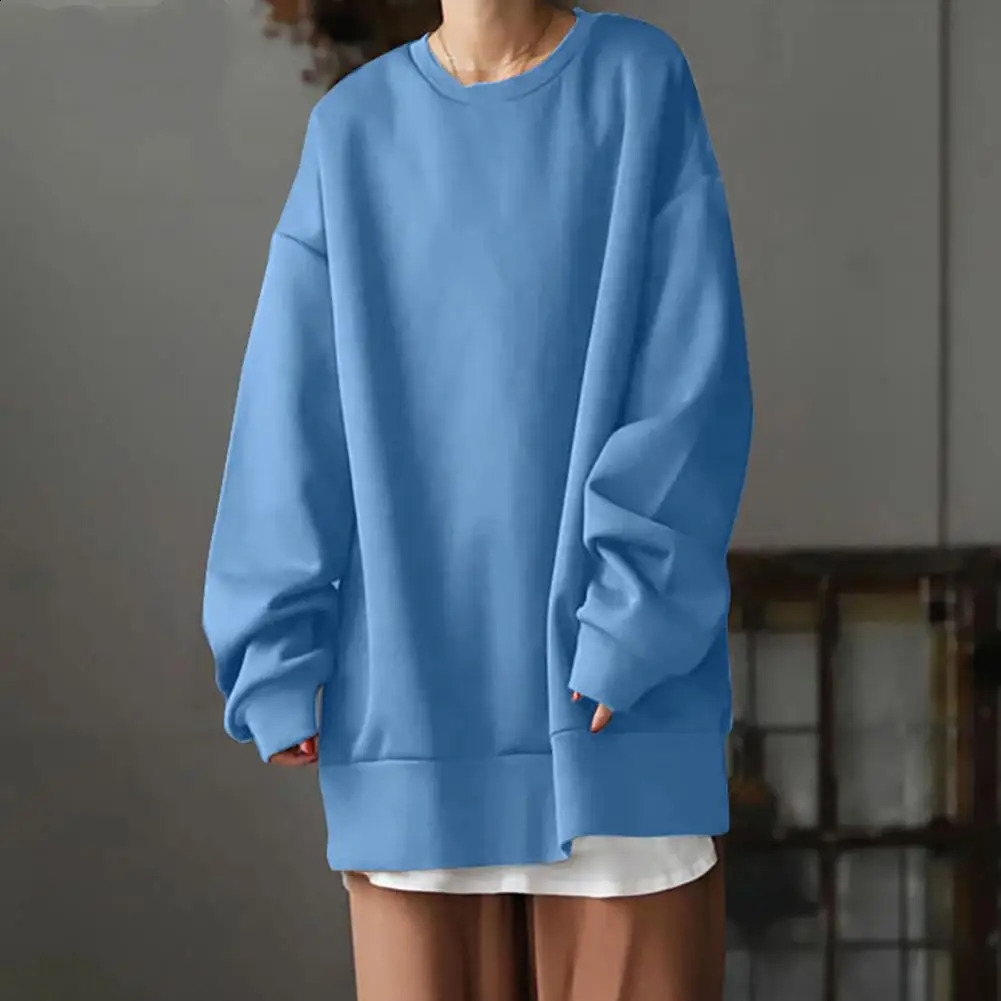 Women Sweatshirt Oversize Long Sleeves Crew Neck Solid Color Pullover Warm Soft Long Style Autumn Sweatshirt Female Clothes 250106