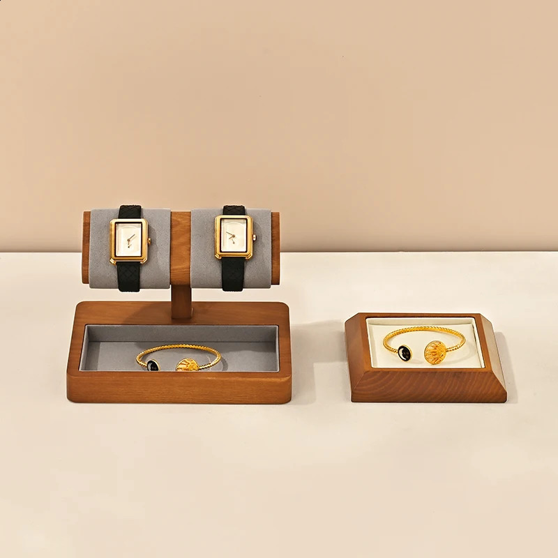 Oirlv Retro Wooden Watch Holder Display Ring Organizer Multi-Function T-Bar Jewelry Display Stand Solid Wood Watch Stand Holder 250106