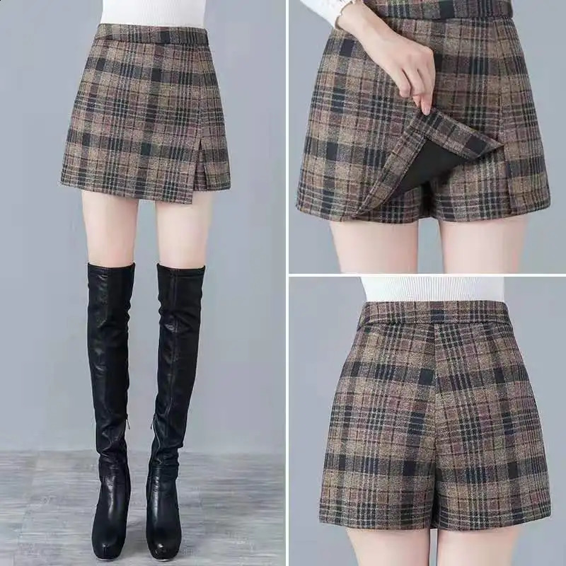 Short Plaid Fashion Winter Vintage Cargo Thick Wool Basic Trouser Loose Shorts Feminino V17 250107
