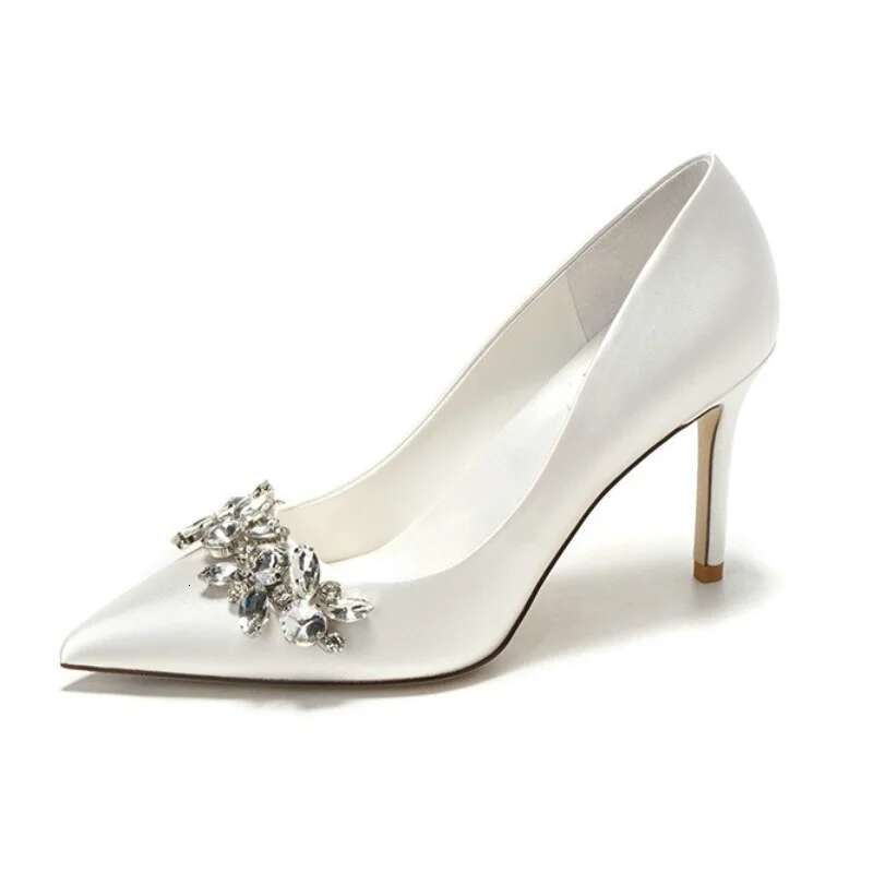 2024 Wedding Crystal Bridal Shoes Champagne Satin Dress Bridesmaid Shoes White High Heels Stilettos