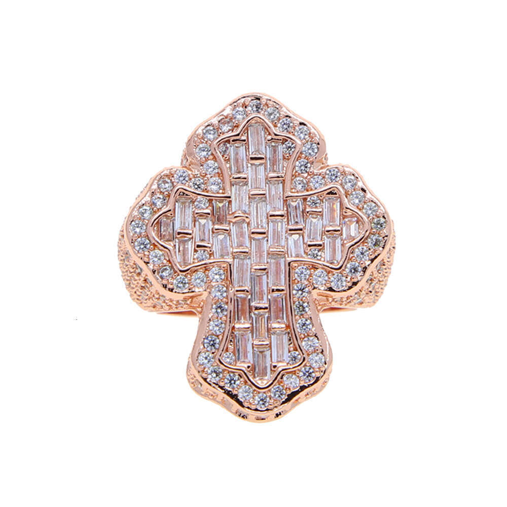 Wind Hip Hop Full Dia Cross Zircon Ring Trendy Platinum Rose Gold