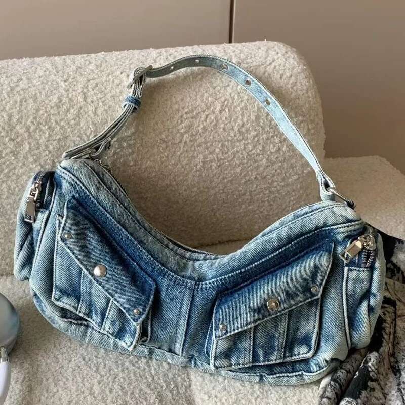 Vintage Denim Bags For Women Designer Handbag Purses 2024 New In Washing Process Rivet Multiple Pockets Underarm Shoulder