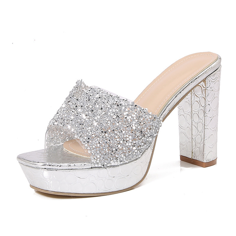 2024 Ladies Bohemian New Fashionable Rhinestone Slippers Korean Version Thick Soled High-Heeled Women's Shoes