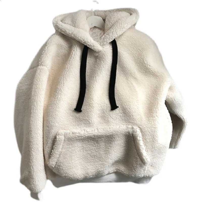 Lamb Wool Hoodies Womens Autumn Winter Korean Style Loose Hooded Sweatshirts Long Sleeve Pullover Patch Pocket Warm Jacket 250106