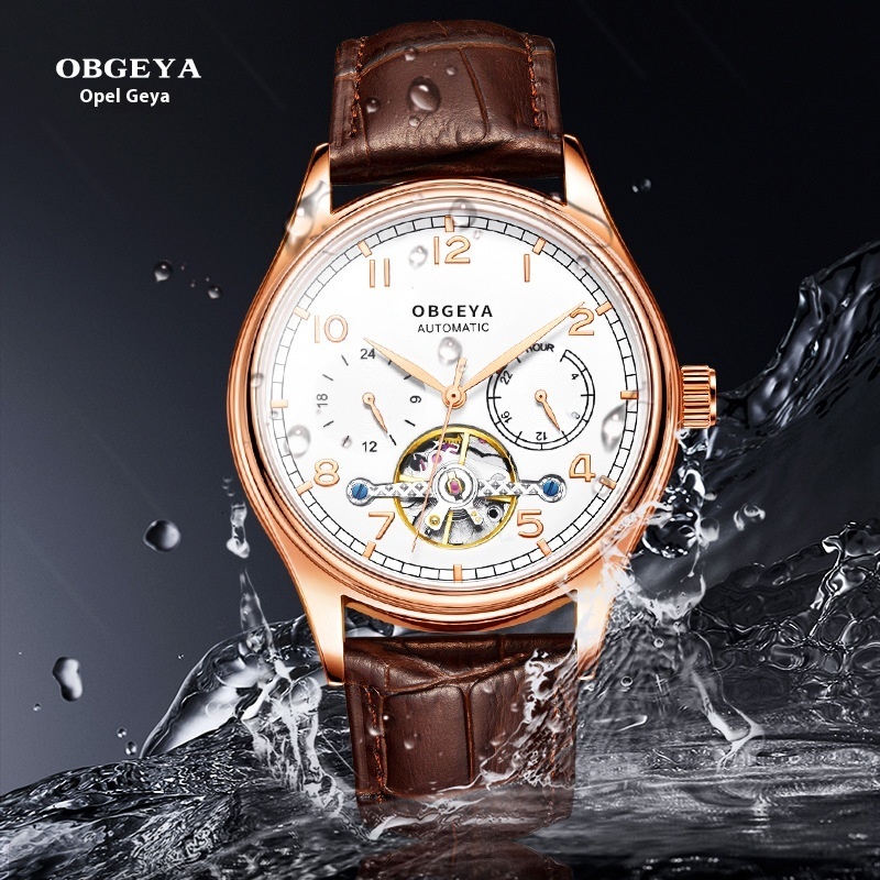 Men's Fashionable Waterproof Automatic Mechanical Watch with Large Digital Dial and Leather Strap
