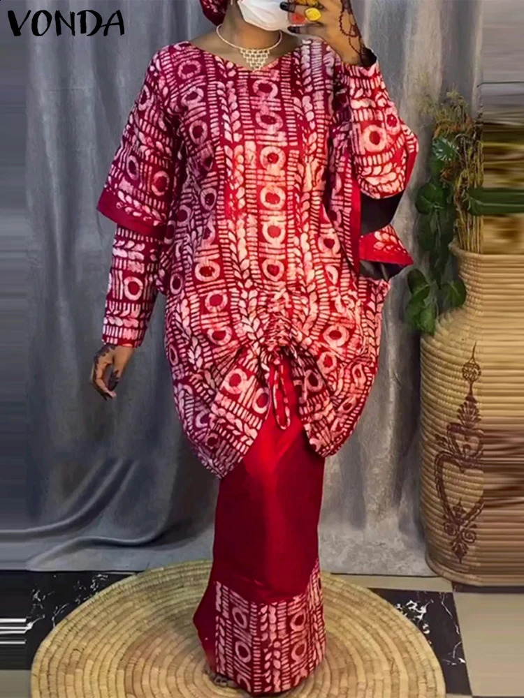 Plus Size 5XL VONDA Printed Outfit Sets 2024 Bohemian Elegant Long Sleeve TopHalf Skirt TwoPiece Casual Loose Suit 250106
