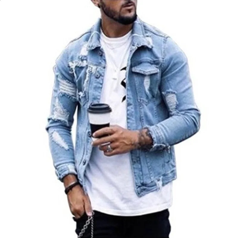 Fashion Men Jackets Spring Autumn Lapel Mens Denim Jacket Holes Irregular Washing Long Sleeve Cardigan Tops 250110Z