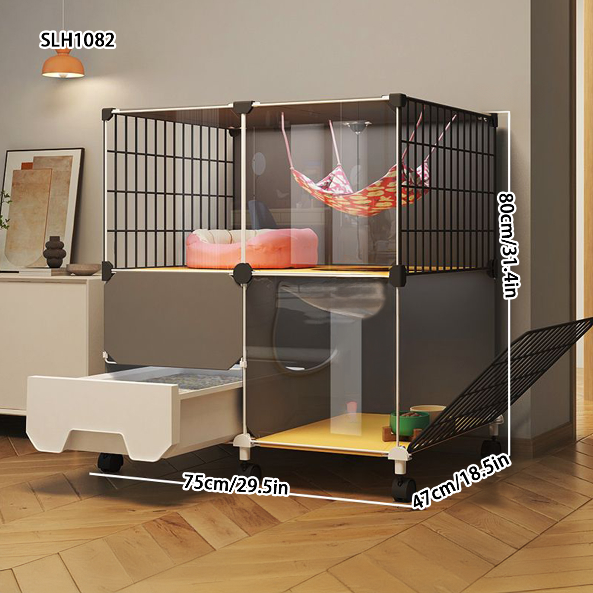Cat Condo for Home - Large Roomy Cat Crate with Built-in Litter Pan and Scratching Post