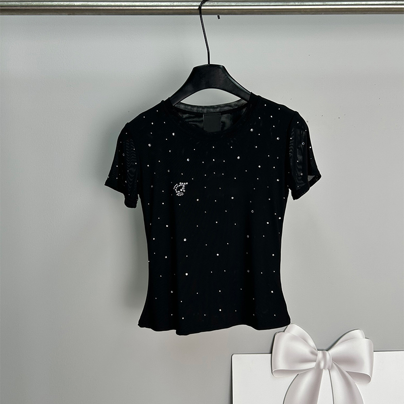 Womens Tops T-Shirt cotton Sleeve Tops TeesFine Sparkle Elegance Clothes France Trendy Lace BB Letter Designer Clothing Graphic Print Round Neck