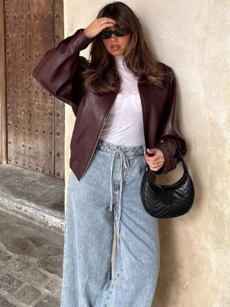 Women's Faux Leather Jacket Vintage Lapel Long Sleeve Zip Pocket Solid Elastic Hem Cropped PU Overcoat Fall Winter New Coat