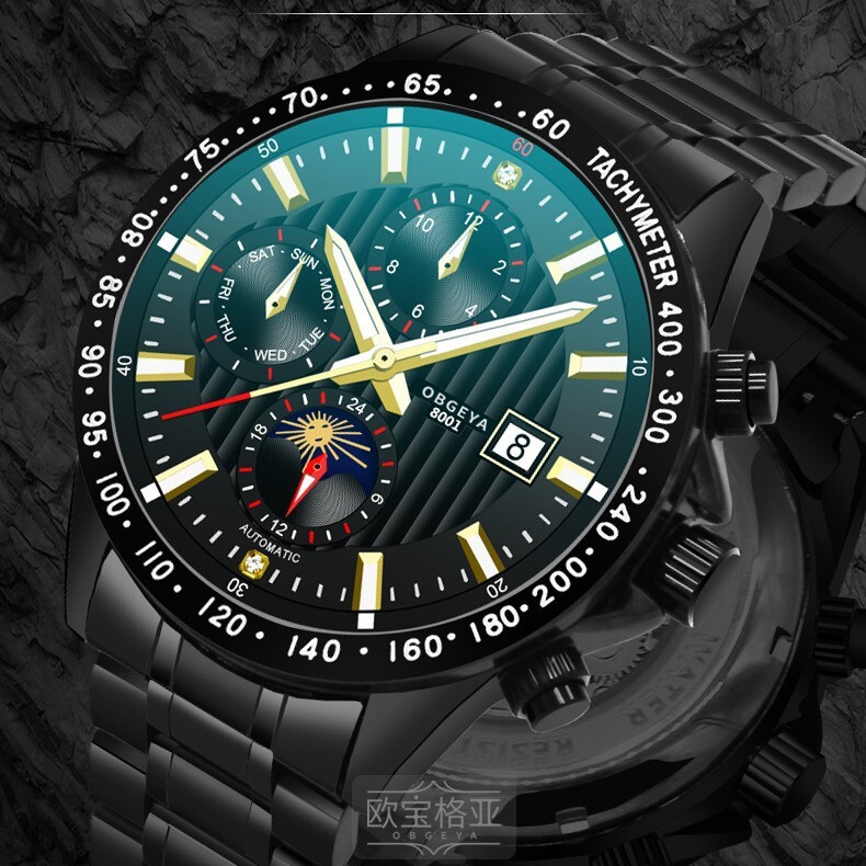 Men's Mechanical Watch with Scratch-Resistant Synthetic Sapphire Crystal and Black Face