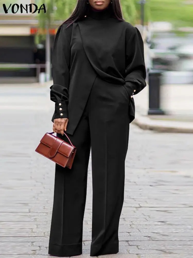 Plus Size VONDA Women Autumn High Neck Suits Solid Color Long Sleeve Matching Sets Elegant Split And Wide Leg Trousers 2PCs y250122