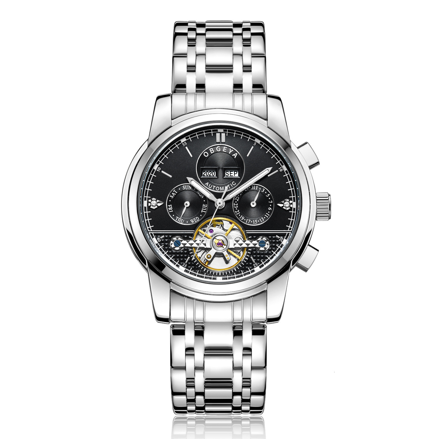 Men's Fashionable Waterproof Skeleton Automatic Mechanical Watch with Stainless Steel Band