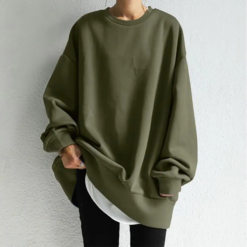 Women Sweatshirt Oversize Long Sleeves Crew Neck Solid Color Pullover Warm Soft Long Style Autumn Sweatshirt Female Clothes 250106
