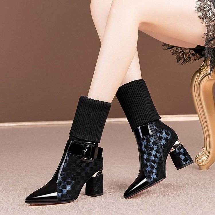High Women's Winter New Item, Martin Thick Heels, Short With Plush Thread Tube, Pointed Midsole Boots, Long Boots