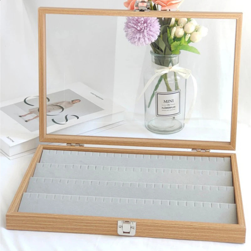 Transparent Lid Jewelry Box Wooden Storage Box Grid Jewelry Tray Showcase Lockable Jewelry Storage Organizer Earrings Necklace 250106