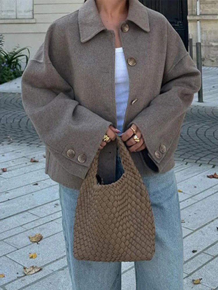 Fashion Lapel Wool Blends Jackets Woman Solid Long Sleeve Single Breasted Quilted Female Coat Autumn Street Outerwears 250109