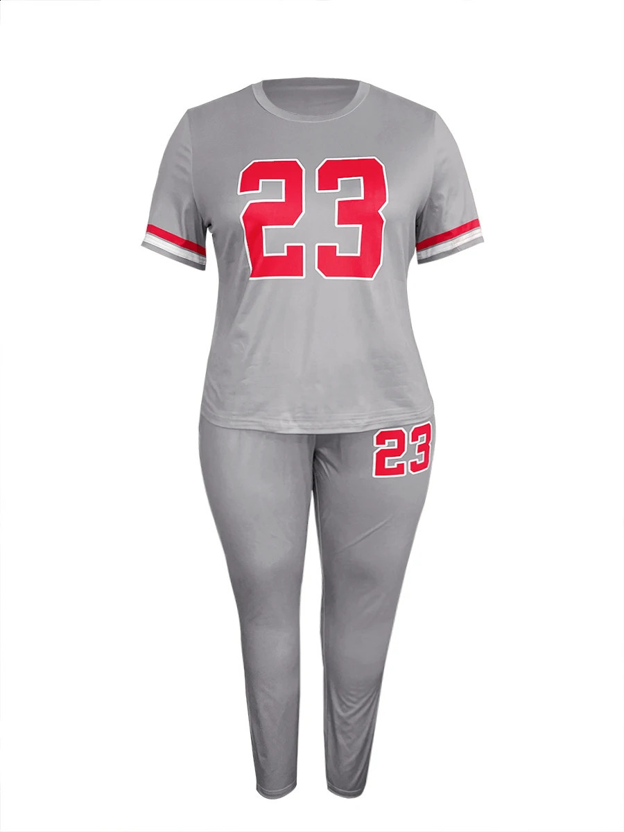 LW Plus Size Women summer Casual Loose 2 Piece Set Letter Print Pocket n Pants short sleeve legging sport set 250106