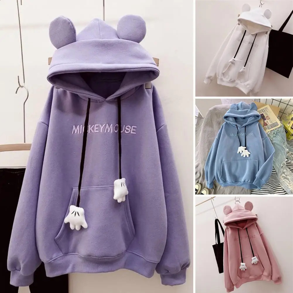 Women Hoodie Cartoon Hand Drawstring Ear Decor Thick Patch Pocket Loose Long Sleeves Pullover Warm Letter Embroidery Top 250106